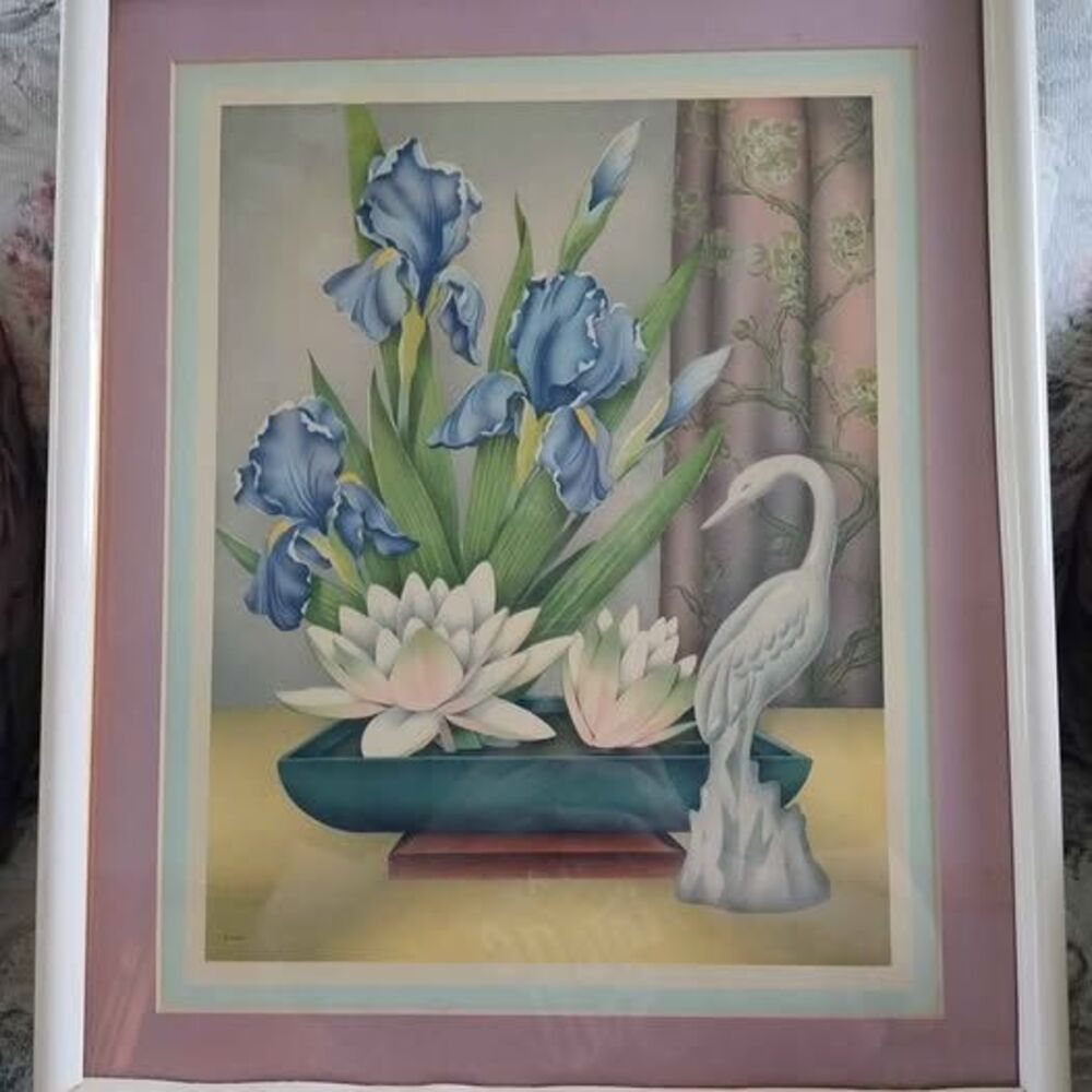 Vintage GOES 1940s Art Deco Framed Print Irises 15x18 Plastic Frame Cottage Core